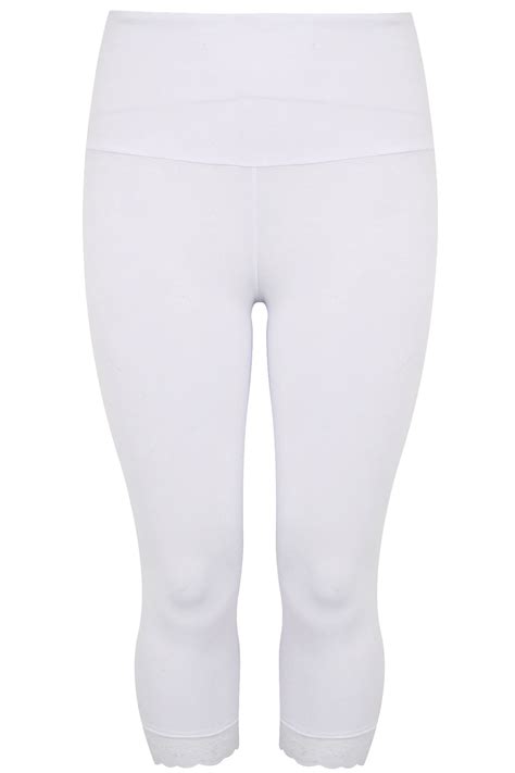 White Tummy Control Cropped Leggings With Lace Trim Plus Size 14 1618