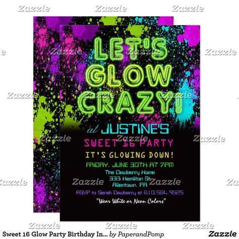 Sweet 16 Glow Party Birthday Invitation Glow Birthday