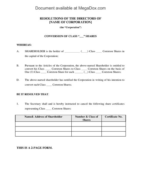 Directors Resolution To Convert Common Shares Legal Forms And