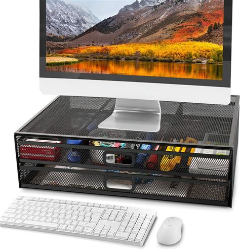 Monitor Stand Riser With Dual Pull Out Storage Drawer Metal Mesh Desk