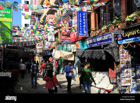 Street Scene With People Souvenir Stalls And Shops Thamel District Kathmandu City Nepal Asia