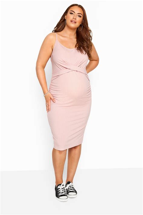 Bump It Up Maternity Pink Ribbed Twist Bodycon Midi Dress Yours Clothing
