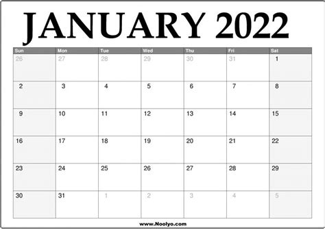 2022 January Calendar Printable Download Free
