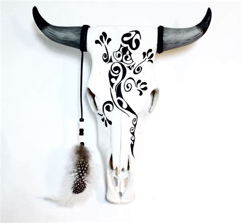Cow Skull With Hand Painted Tribal Lizard Black And White With Black