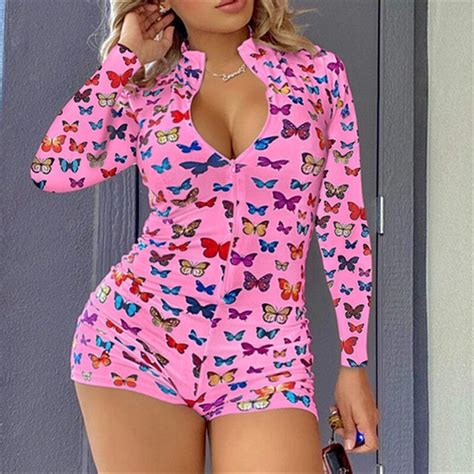 Fashion Sexy Onesies For Adults Women Butterfly Printing Zipper Deep V