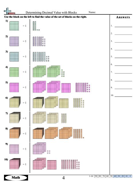 Determining Decimal Value With Blocks Worksheet With Answer Key