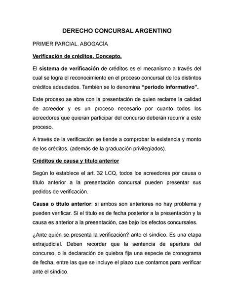 Derecho Concursos Y Quiebras 2 Parcial 1 Derecho Concursal