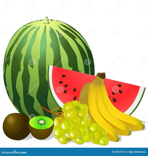 Still Life Fruits Banana Watermelon Grape Kiwi Stock Vector