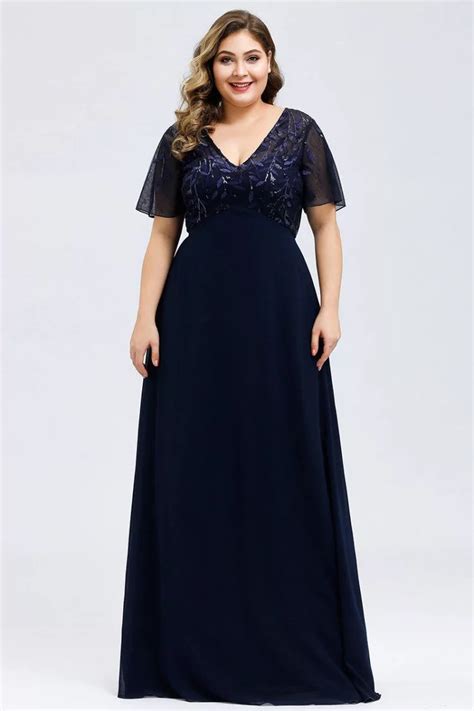 Plus Size Vneck Navy Blue Long Evening Dress With Sleeves 5648
