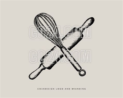 Rolling Pin And Whisk Crossed Vintage Style Hand Drawn Illustration Baking Illustration