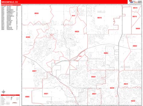 Broomfield Colorado Zip Code Wall Map Red Line Style By Marketmaps