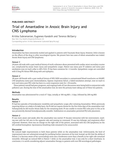 Pdf Trial Of Amantadine In Anoxic Brain Injury And Cns Lymphoma