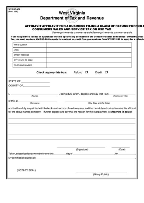 Form used by consumers to report and pay the use tax on taxable tangible goods and alcoholic beverages that were purchased tax free out of state and are used in maryland and. Fillable Form Wv/cst-Af2 - Affidavit For A Business Filing A Claim Of Refund For Consumers Sales ...