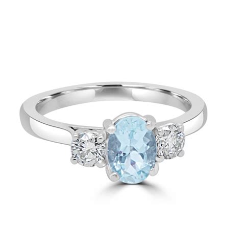 Aquamarine And Diamond 3 Stone Ring 18ct White Gold 070ct Oval