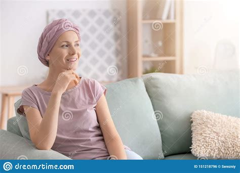 Happy Woman After Chemotherapy Sitting On Sofa At Home Stock Photo Image Of Patient Care