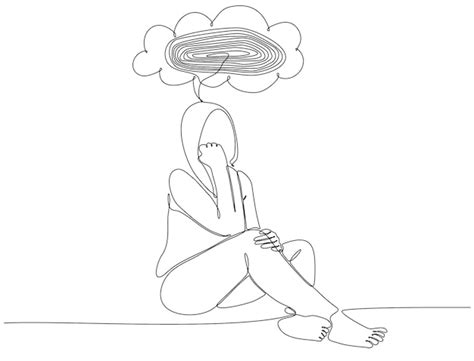 Dibujo De Línea Continua De Mujer Joven Triste Que Sufre De Depresión