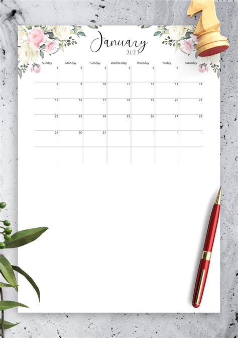 Download Printable Floral Design Monthly Calendar Pdf