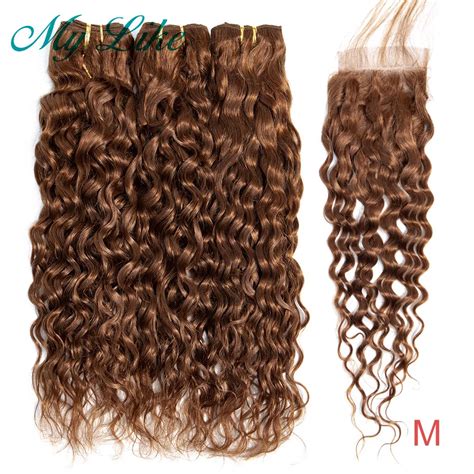 My Like Color Brown Water Wave Bundles With Closure Brazilian Hair Weave Bundles Non Remy
