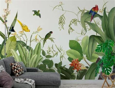 Hand Painted Tropical Plants Wallpaper Wall Mural Green