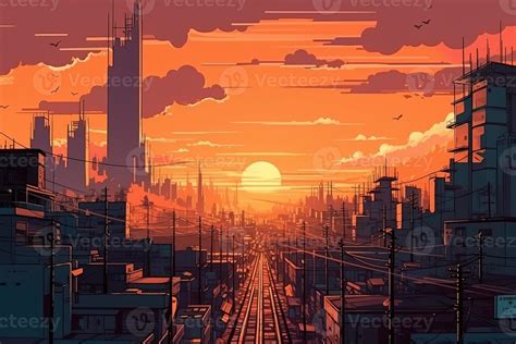 Modern Metropolis Beautiful Orange Sunset In Anime Style Generated Ai