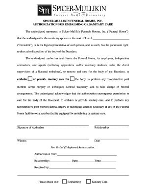 Fillable Online Authorization For Embalming Or Sanitary Care Spicer