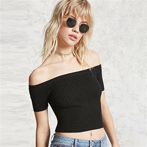 Sexy Slash Neck Knitted Tops Tees Women Short Sleeve Bustier Crop Tops Party Tops T Shirts Slim