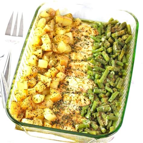 One Pan Baked Chicken Potatoes And Green Beans Now Cook This