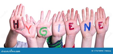 Kids Hands Holding Word Hygiene Isolated Background Stock Photo