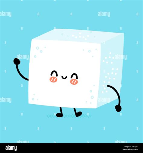Cute Funny Happy Sugar Piece Cube Character Vector Flat Line Cartoon