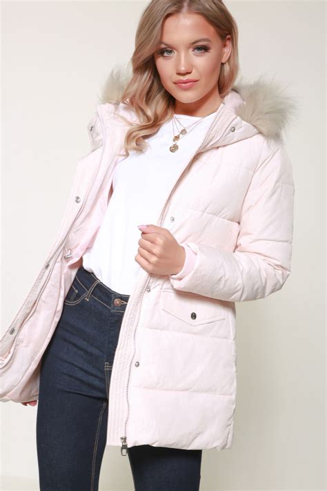 Shelikes Womens Ladies Quilted Longline Winter Pink Faux Fur Hooded