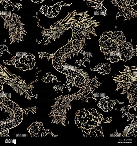Oriental Dragon Flying In Clouds Seamless Pattern Traditional Chinese