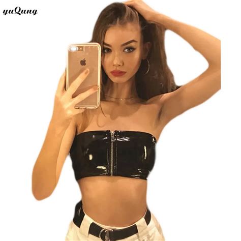 Yuqung Faux Leather Pu Crop Tops Women 2018 Strapless Zipper Tube Top Boob Bandeau Bra Lingerie