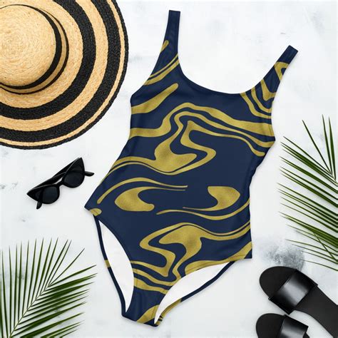 Navy Gold Foil Womens Swimsuit One Piece Swimwear Etsy Uk