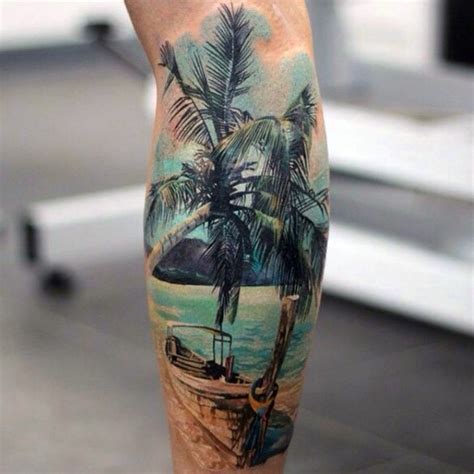 Real Photo Like Colorful Old Boat With Palm Tree And Ocean Tattoo On