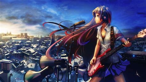 Female Anime Character Holding Electric Guitar With Headhpones And