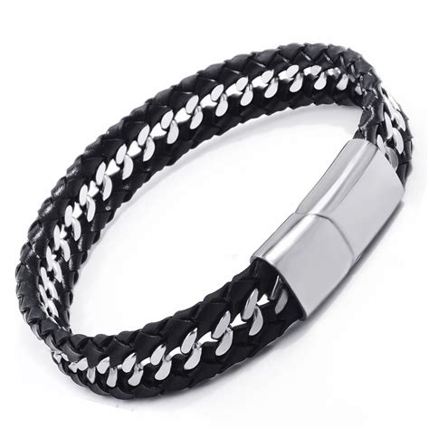 Mens Trendy Genuine Black Braided Leather Stainless Steel Curb Chain