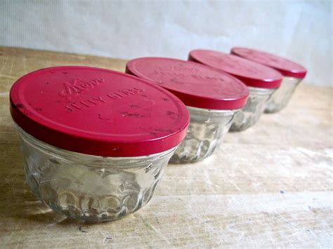 Vintage Kerr Jelly Jam Glasses Jars Red Lids Retro Kitchen Storage Food Storage Mason Jar