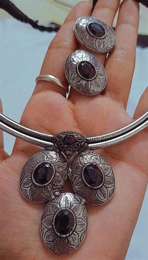 Beautiful Silver Oxidized Necklace Set Bohemian Jewellery Etsy