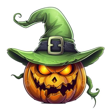 Cartoon Style Halloween Pumpkin Wearing Green Witch Hat Scary Face