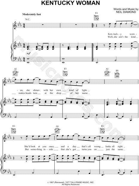 Neil Diamond Kentucky Woman Sheet Music In Eb Major Transposable Download And Print Sku