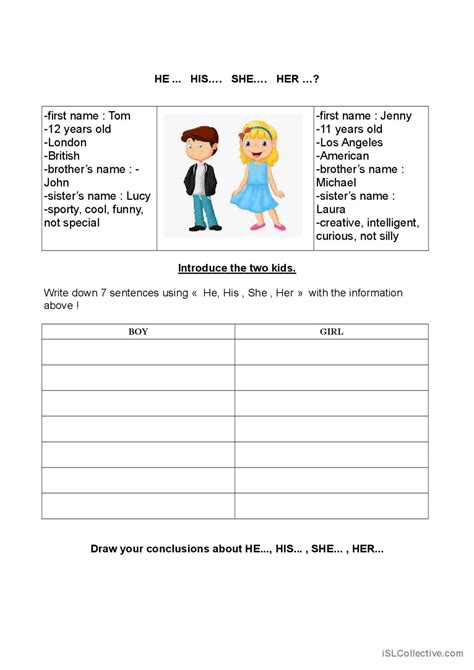 He His She Her English Esl Worksheets Pdf Doc