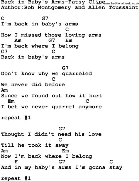 Country Music Song Back In Babys Arms Patsy Cline Lyrics And Chords