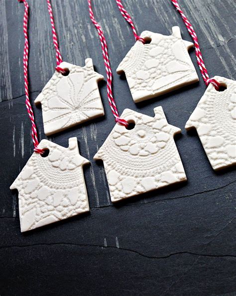 5 Christmas Ornaments White Ceramic Christmas Tree House Etsy