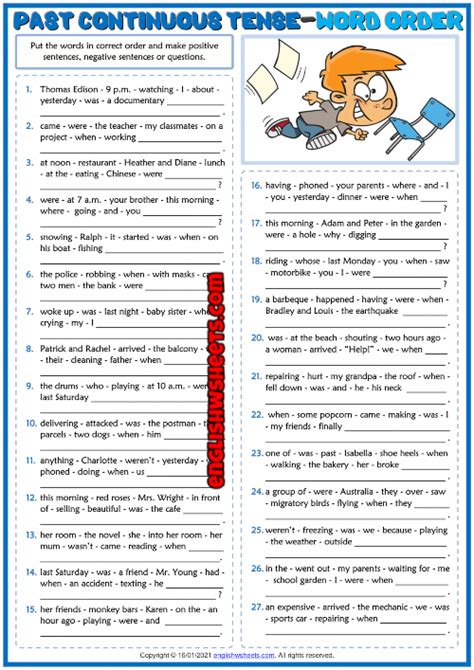 Past Continuous Tense Esl Word Order Exercise Worksheet 850