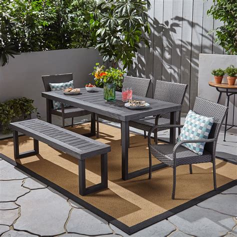 Zoe Outdoor 6 Piece Acacia Wood Dining Set With Bench And Wicker