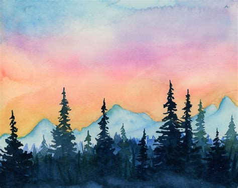 Mountain Beginner Easy Sunset Watercolor Painting 40 Simple