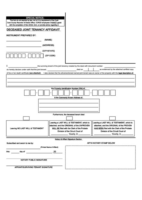 Fillable Deceased Joint Tenancy Affidavit Cook County Recorder