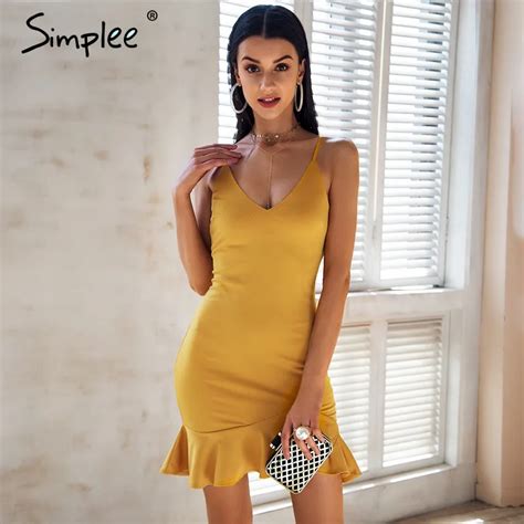 Simplee Sexy V Neck Ruffle Strap Mini Dress Women Skinny Black Mermaid Dress 2018 Summer Dress