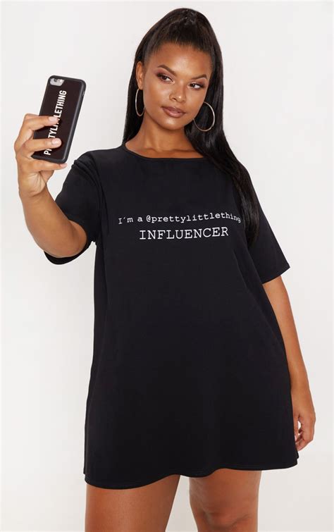 Prettylittlthing Plus Black Influencer T Shirt Dress Prettylittlething