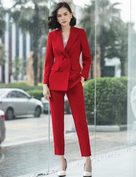 buy 2019 formal elegant women s fiber red blazer business suits with pant and